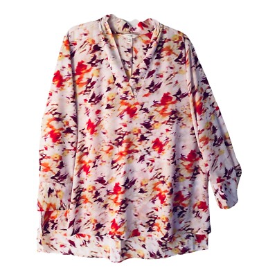 Terra & Sky 1X Woven V-Neck Tunic Top High-Low Plus Sz Long Sleeves Multicolor