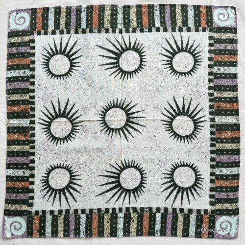 Vintage Handkerchief Cotton Sun Geometric Border Striped Art Pocket Square 17" - Picture 2 of 3