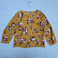 Talbots Petite XLP Mustard Floral Long-Sleeve Round Neck Pullover Blouse Top