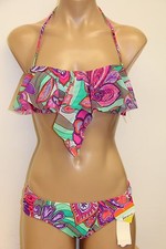 New Raisins Swimsuit Bikini 2pc set Sz M Flounce Bandeau Aqua