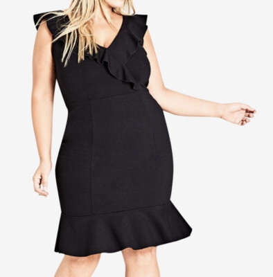 City Chic Frill Seeker Black Ruffle V Neck Bodycon Dress SZ 14 EUC