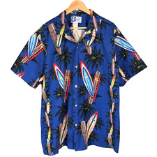 RJC Hawaiian Shirt Men Surfboard Tress All Over Print 2XL Blue Nautical Vtg USA