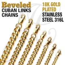 18K Gold Plated Beveled Cuban Link Stainless Steel 316L Chain Necklace 14"-48"