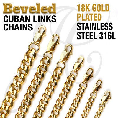 18K Gold Plated Beveled Cuban Link Stainless Steel 316L Chain Necklace 14''-48''