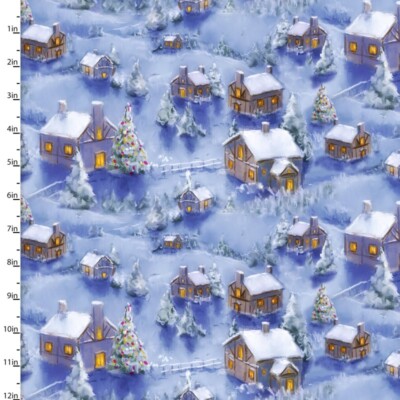 100% Baumwollstoff 3 Wünsche Weihnachtsdorf Bäume verschneite Szenen Landschaft