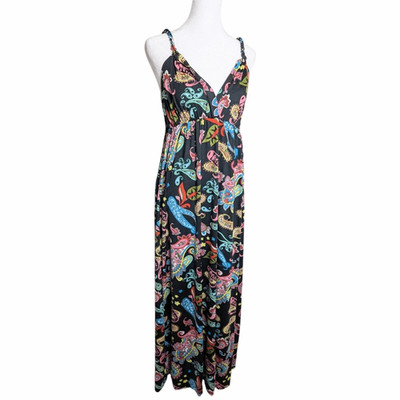 IB Diffusion Multicolor Black Y2K Psychedelic Paisley Goddess Strap Maxi Dress L