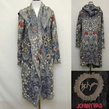 Johnny Was Biya Embroidered Duster Cardigan Women's M Gray Florals Hooded J5650