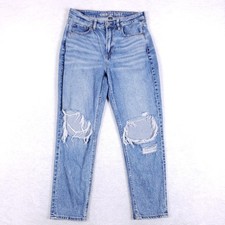 American Eagle Mom Jeans 6 Short Distressed High Rise Blue Denim Ripped Relaxed