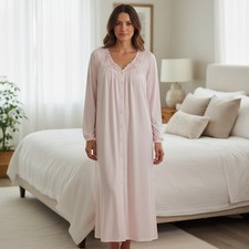 Shadowline Nightgown Plus Size 3X Pink Nylon Button Front Long Sleeve Lace Flora