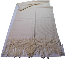 Ivory Cream Weave Shawl Scarf Wrap w/ Fringe - Boho, Natural Cotton 86" X 23"