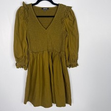 Madewell XS Green Brown Flannel Lucie VNeck Smocked Mini Dress Pockets Ruffle