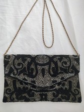 Black  Silver Hand Beaded Evening Clutch Bag Chain Strap Vintage Style