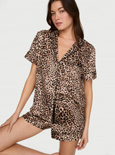 Victoria's Secret Signature Satin Short Pajama Set, Vintage Tan Leopard