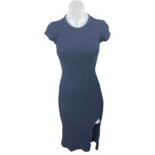 Monrow Blue Rib Knit Short Sleeve Slit Knee Length Bodycon Sweater Dress Size S