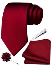 Wine Burgundy Tie for Men Wedding Solid Satin Silk Blend Necktie Pocket Squar...
