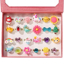 Little Girl Jewel Rings in Box, Adjustable, No Duplication, Girl Pretend Play...