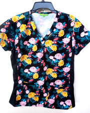 Green Town V Neck Floral Print Women Scrub Short sleeve Top Size S