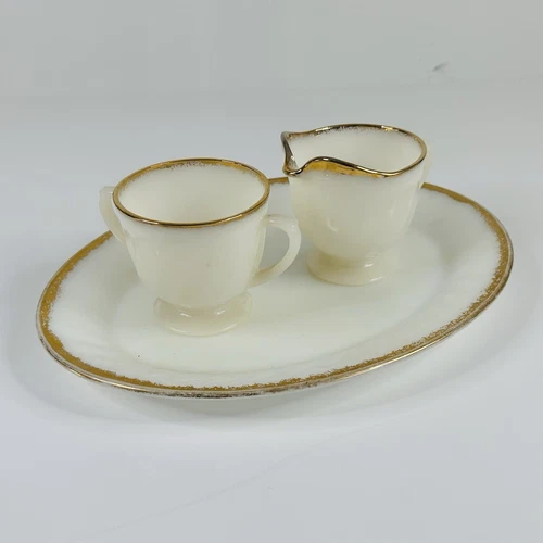 Vintage Anchor Hocking Fire King Gold Trim Milk Glass Cream & Sugar w/ Tray