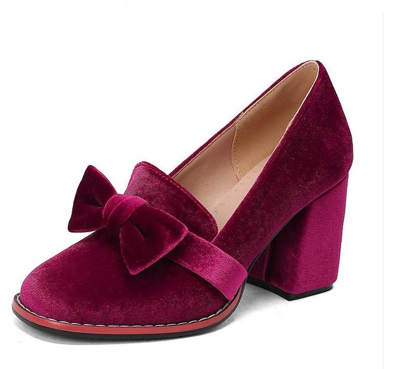 Women's Velvet Block Heels Bowknot Pumps Ladies Casual Dress Party Slip On Shoes