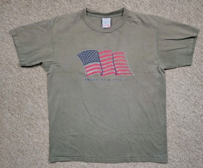 Vintage RUSTY T-Shirt Men L Green AMERICAN AND PROUD Cotton Distressed Patriotic