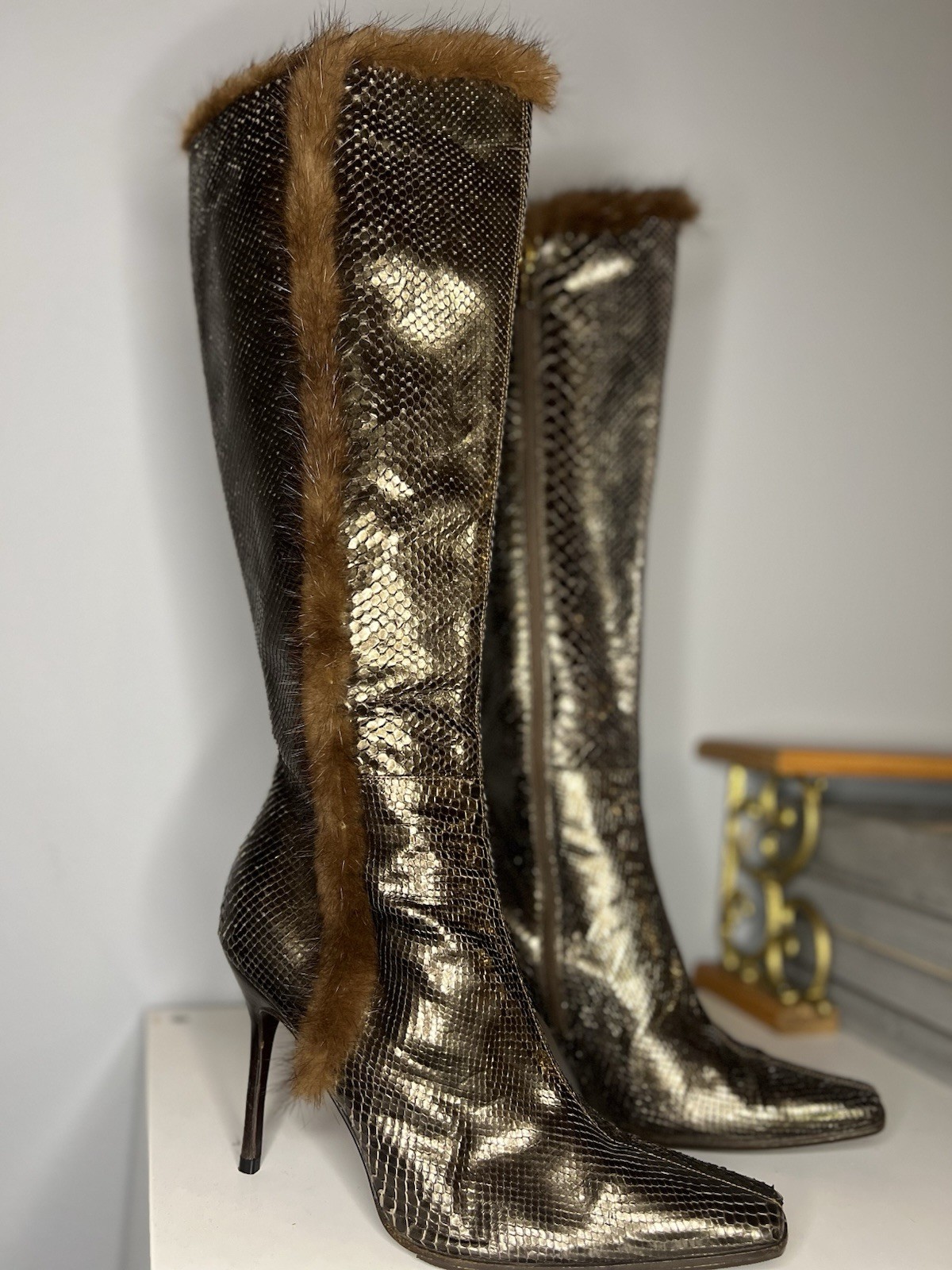 Sergio Rossi Python Knee High Boots Mink Fur Trim… - image 1