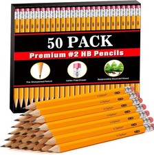 Wood Cased #2 HB Pencils Pre-Sharpened 50 Pack with Erasers for School Classroom