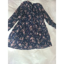 Time and Tru Women Navy Floral Pleated Chiffon Mini Dress Long Sleeve M 8-10