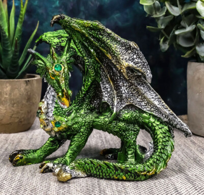 Ebros Metallic Green and Silver Crouching Emerald Dragon Statue