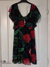 ANGELEYE BLACK RED GREEN TROPICAL FLORAL PALM SHEER FLOATY A-LINE SHIFT DRESS 10
