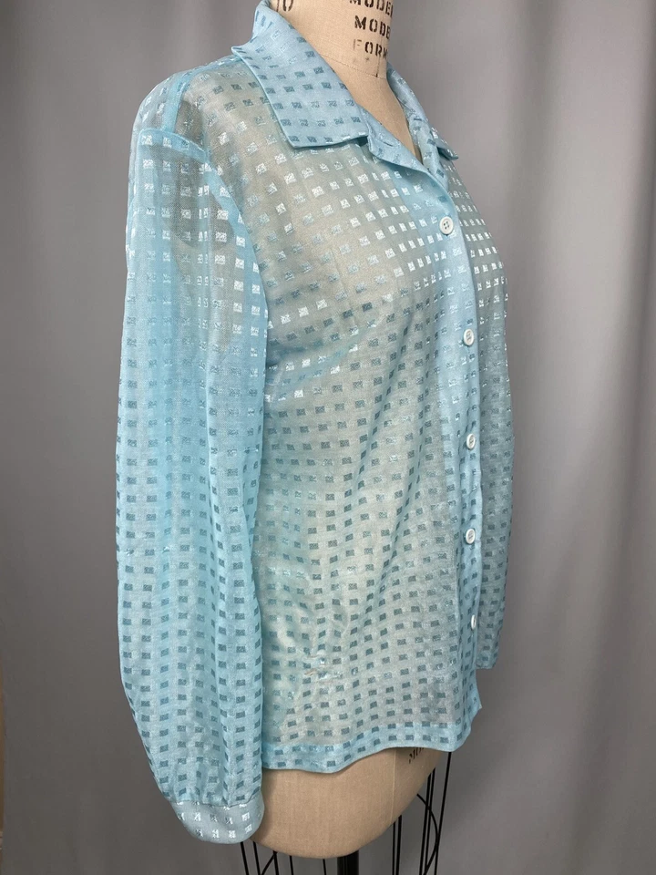 Blusa vintage TALLA GRANDE ¡nailon transparente BANDA! Discoteca clásica azul años 70 80 Foto 4 de 4