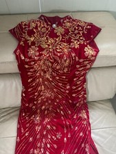 Sequin Velvet Red Chinese Traditional Cheongsam Dress Women Prom Qipao Gown