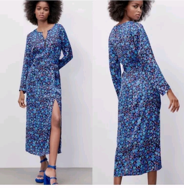 Zara Floral Blue Satin Maxi Dress Long Sleeves Size Zip Side Slit Size Large