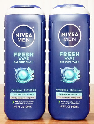 Lot of 2 NIVEA Men Fresh Wave 3-in-1 Body Wash Energizing Refreshing, 16.9 fl oz
