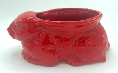 Red Ceramic Rabbit Holiday RED Ceramic 11 inch Rabbit Cache Pot Planter, Vintage Christmas ...