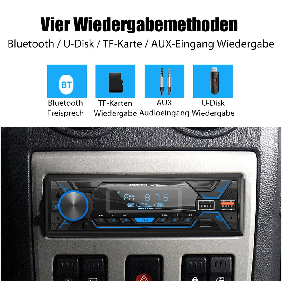 Autoradio Single DIN Bluetooth FREISPRECH MP3 FM USB SD AUX 7 Farben OHNE CD - Bild 4 von 4