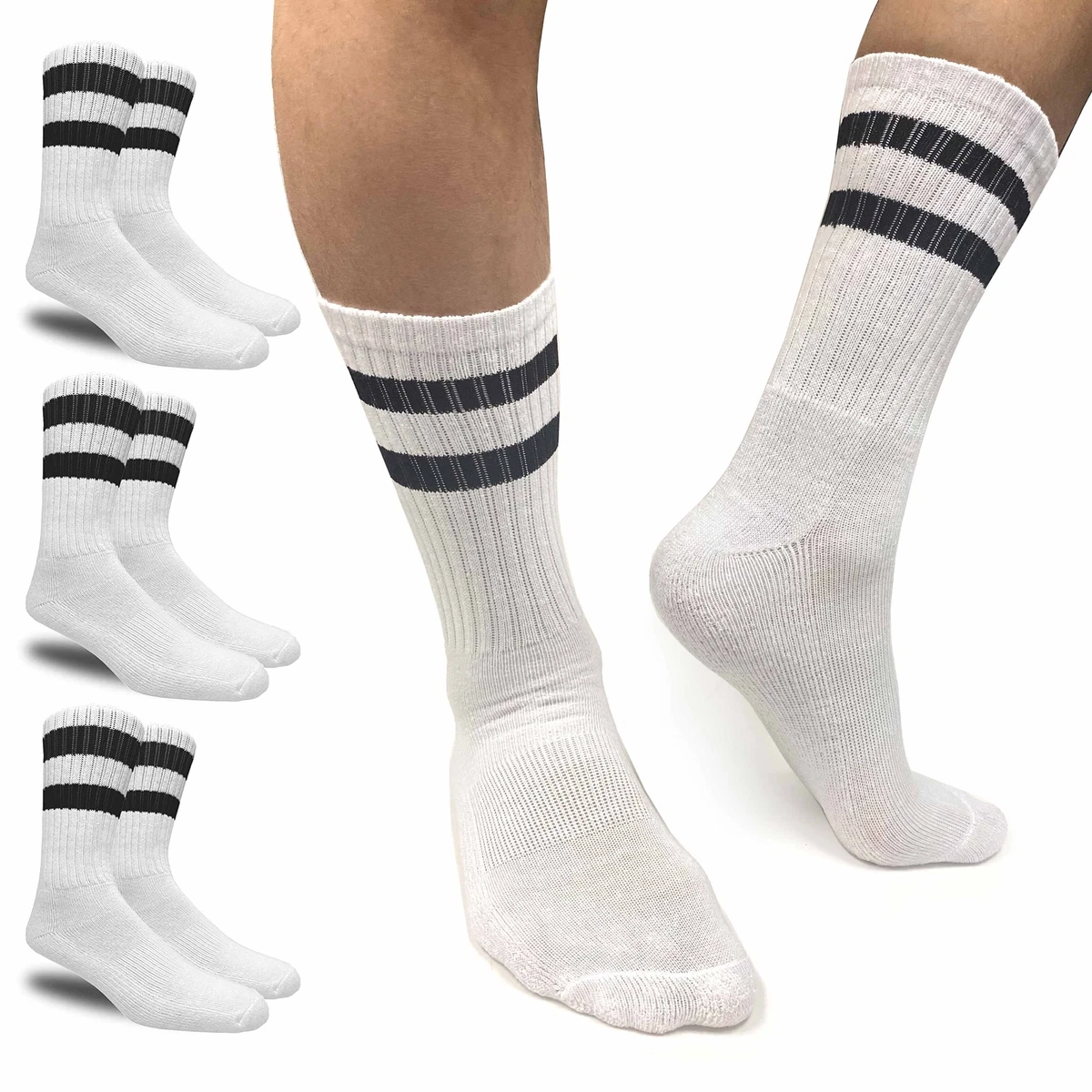 3 Pairs Men Stripe Tube Crew Socks Calf Retro Sport Athletic White One Size  17L