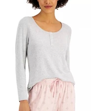 Womens Ribbed Pajama Top Scoop Henley Soft Stretch Gray - Charter Club Large