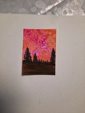 Watercolor ACEO Original Painting Mini  2.5x3.5 Abstract Sky Pink Orange Trees