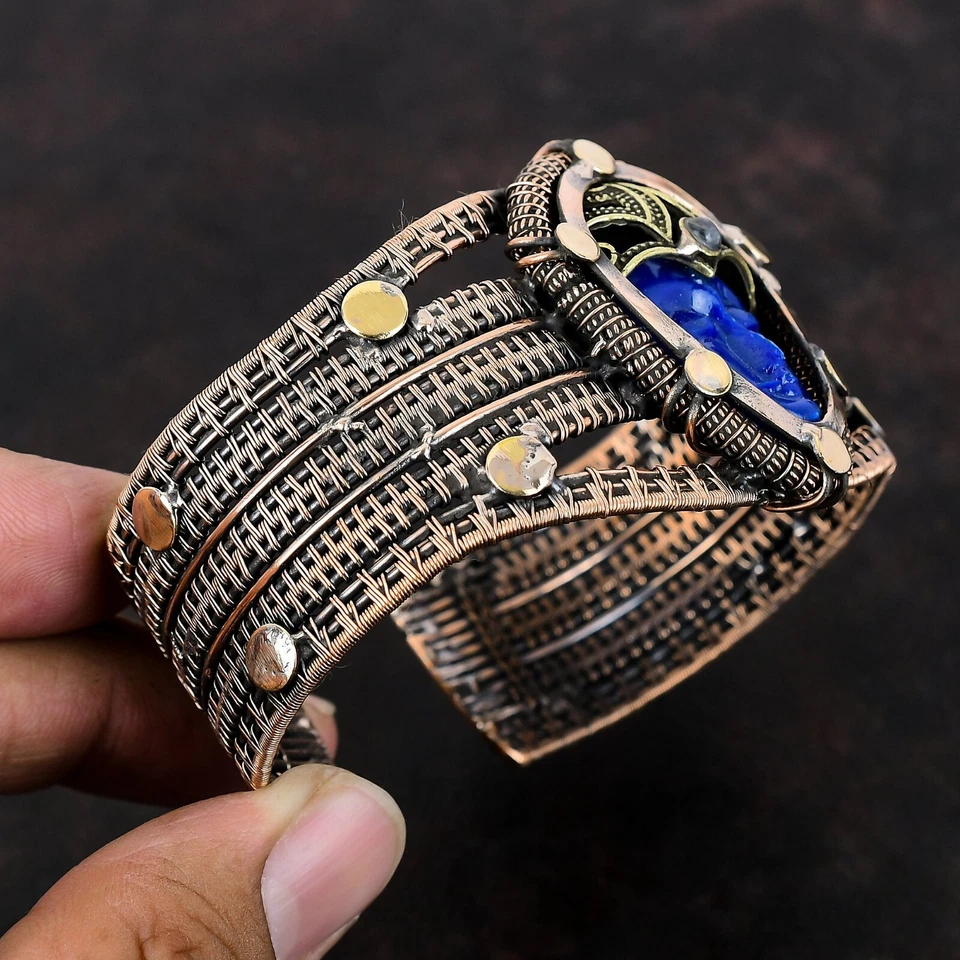 Bracelete ajustável embrulhado com fio de cobre para presente joia facial esculpida azul - Imagem 4 de 4