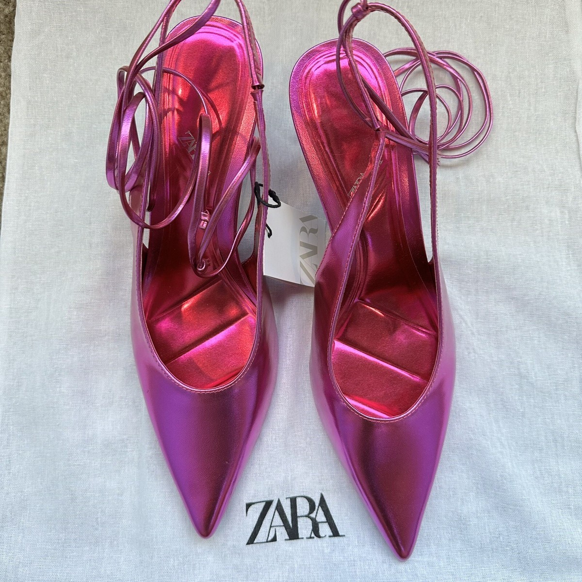 New Zara Lace Up Pink Metallic Slingback Lace Up Shoes 3206