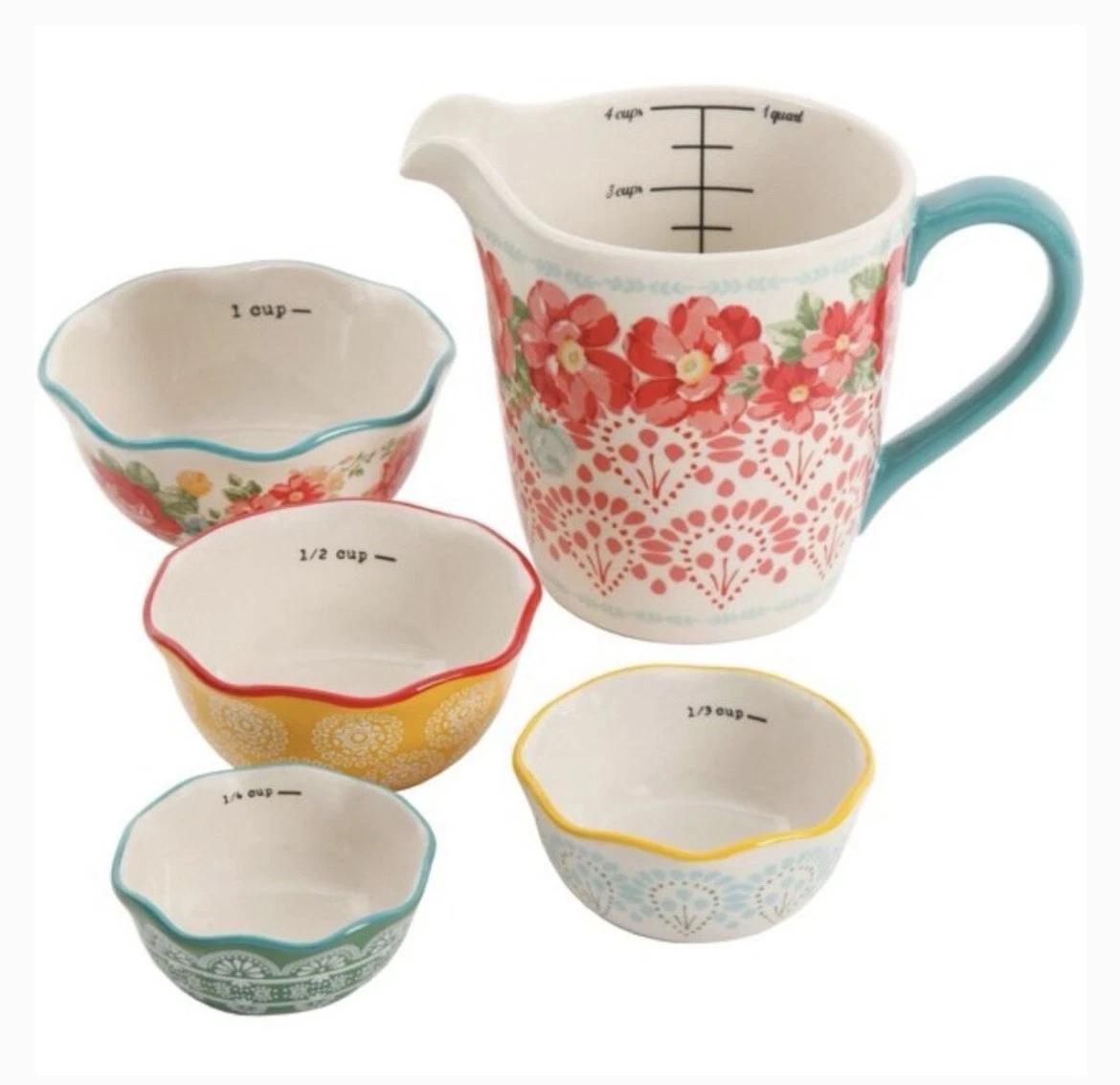 Pioneer Woman Floral Ceramic 5pc Measuring Cup Set 4 Cup Pitcher w/ Handles. NEW