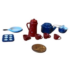 Dollhouse Miniatures Graniteware Enamelware Lot Pot Pan Cup Blue Red Speckled