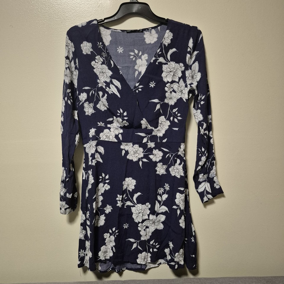 #244 Tokito Navy Blue Floral Fit And Flare Mini  Dress Size 12 Long Sleeves
