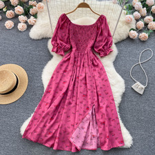 Women Romantic Floral Print Split Long Summer Puff Sleeve Party Fashion Dress