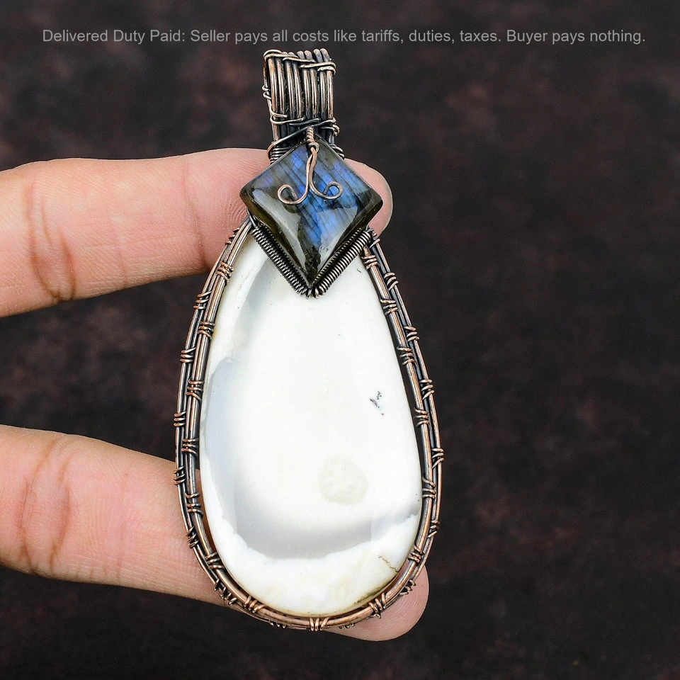Copper Natural Dendrite Opal Labradorite Wire Wrapped Unique Wedding New Pendant - Image 2 of 4