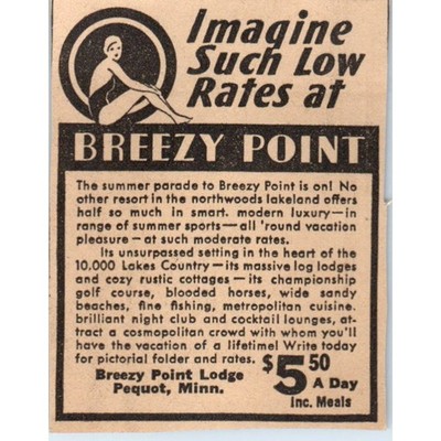 Breezy Point Lodge Pequot Lakes MN 1935 Minneapolis Journal Advertisement AE7-H2