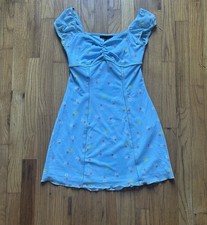 Forever 21 Blue Floral Mesh Mini Dress Ruched Cap Sleeve Sweetheart Size S