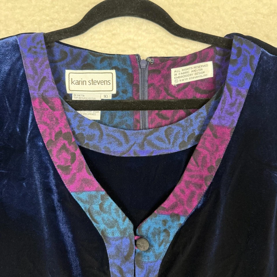 Винтажный Karin Stevens платье женщин 10 синий бархат макси цветочный длинным рукавом 90-х - Изображение 4 из 4