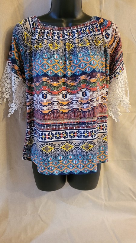Auditions Multicolor Geometric Lace 3/4 Flared Sleeve Tunic Blouse Size L
