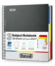 Dunwell 3-Subject Notebook, College Ruled, 8.5x11, Black, 150 Sheets, Spiral